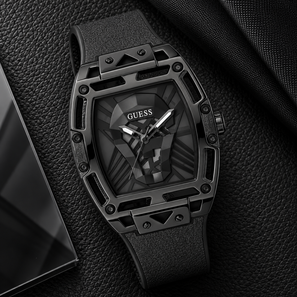 GUESS Mens Venix Black Multi-function Watch – Venix, Smoked black cut-through dial with GUESS skull motif, Black leather-over-silicone flex strap – GW0500G2 – image 4