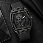 GUESS Mens Venix Black Multi-function Watch – Venix, Smoked black cut-through dial with GUESS skull motif, Black leather-over-silicone flex strap – GW0500G2 – image 4