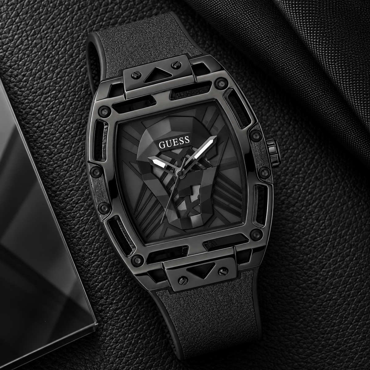 GUESS Mens Venix Black Multi-function Watch – Venix, Smoked black cut-through dial with GUESS skull motif, Black leather-over-silicone flex strap – GW0500G2 – image 4