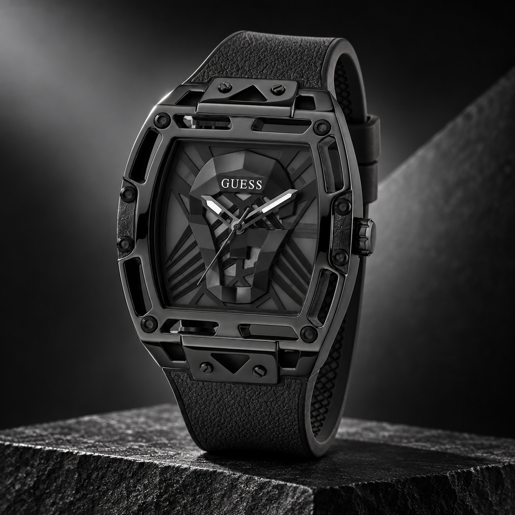 GUESS Mens Venix Black Multi-function Watch – Venix, Smoked black cut-through dial with GUESS skull motif, Black leather-over-silicone flex strap – GW0500G2 – image 5