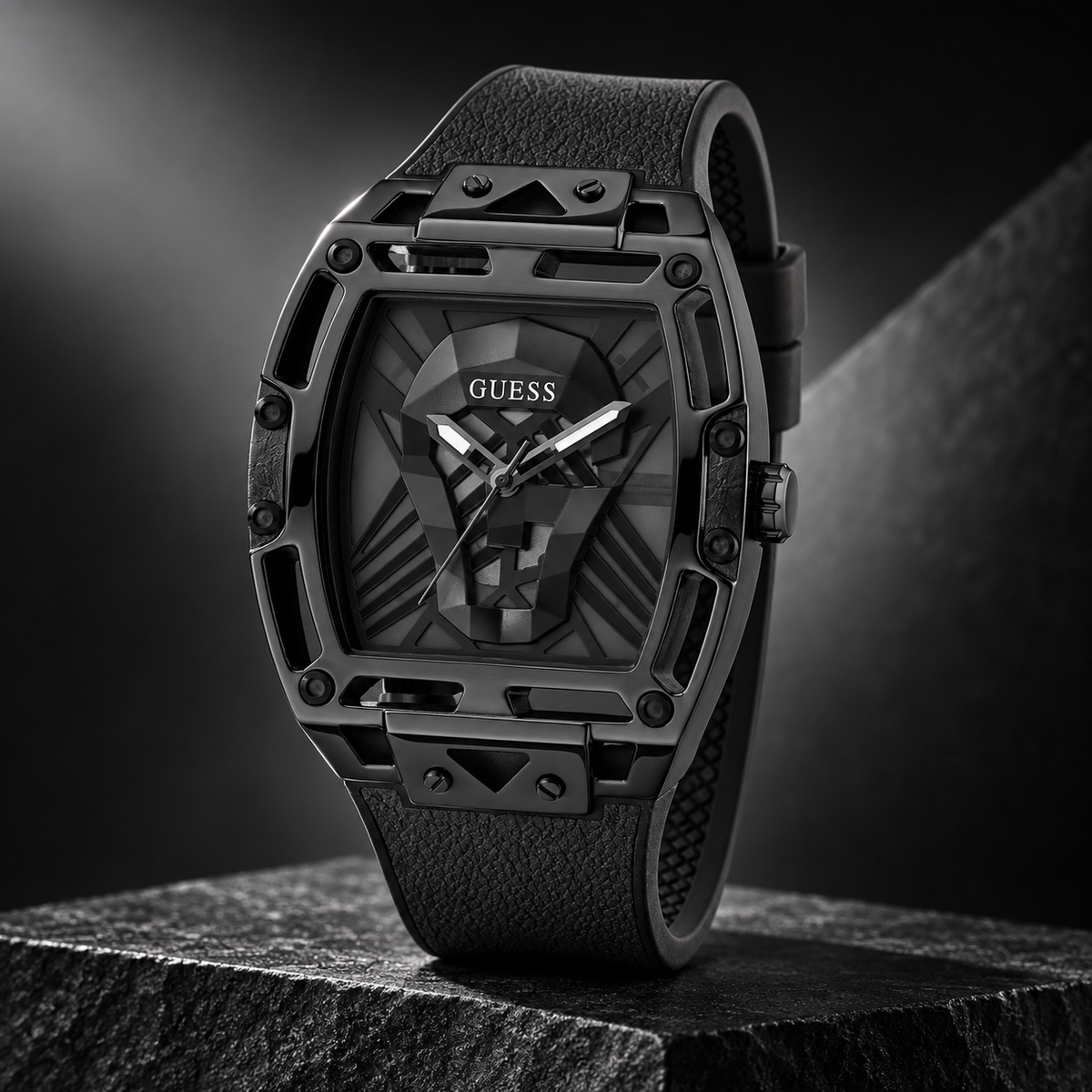 GUESS Mens Venix Black Multi-function Watch – Venix, Smoked black cut-through dial with GUESS skull motif, Black leather-over-silicone flex strap – GW0500G2 – image 5