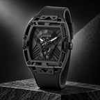 GUESS Mens Venix Black Multi-function Watch – Venix, Smoked black cut-through dial with GUESS skull motif, Black leather-over-silicone flex strap – GW0500G2 – image 5