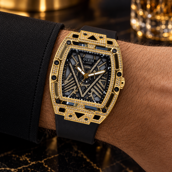 GUESS Legend Men's Gold-Tone Crystal Analog Watch – Legend, Black and gold-tone geometric dial with crystal detailing, Black silicone strap with buckle, 44 mm – GW0564G1