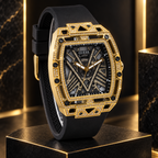 GUESS Legend Men's Gold-Tone Crystal Analog Watch – Legend, Black and gold-tone geometric dial with crystal detailing, Black silicone strap with buckle, 44 mm – GW0564G1 – image 2