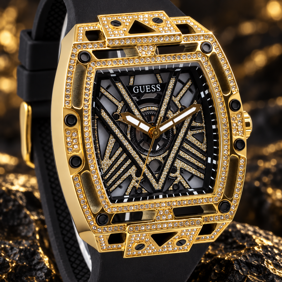 GUESS Legend Men's Gold-Tone Crystal Analog Watch – Legend, Black and gold-tone geometric dial with crystal detailing, Black silicone strap with buckle, 44 mm – GW0564G1 – image 3