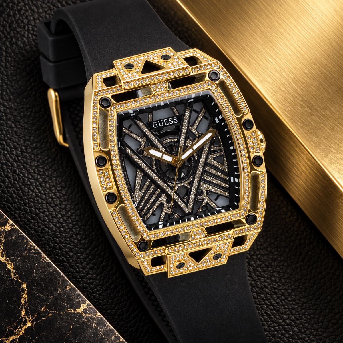 GUESS Legend Men's Gold-Tone Crystal Analog Watch – Legend, Black and gold-tone geometric dial with crystal detailing, Black silicone strap with buckle, 44 mm – GW0564G1 – image 4