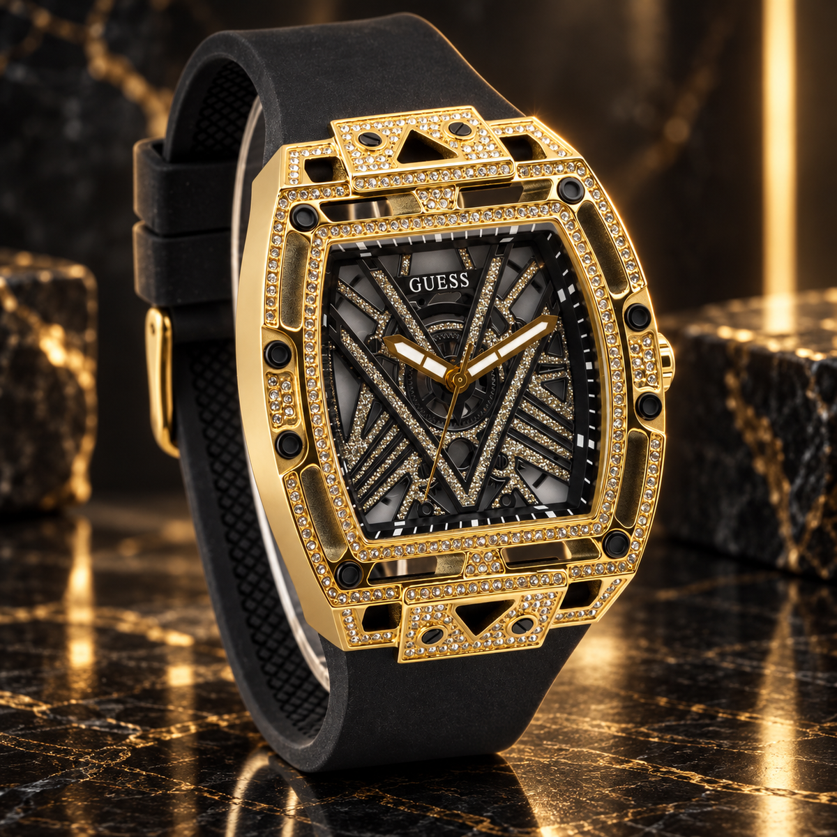 GUESS Legend Men's Gold-Tone Crystal Analog Watch – Legend, Black and gold-tone geometric dial with crystal detailing, Black silicone strap with buckle, 44 mm – GW0564G1 – image 5