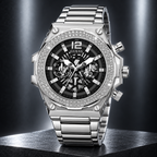 GUESS Men's Silver-Tone Crystal Multi-function Watch – Phoenix, Black skeleton-style dial with luminous hands and markers, Silver-tone stainless-steel bracelet with folding clasp, 48 mm – GW0632G1 – image 2