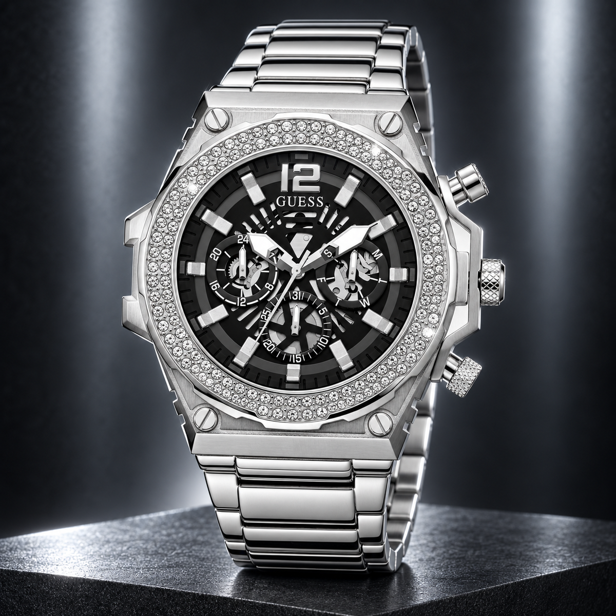GUESS Men's Silver-Tone Crystal Multi-function Watch – Phoenix, Black skeleton-style dial with luminous hands and markers, Silver-tone stainless-steel bracelet with folding clasp, 48 mm – GW0632G1 – image 2