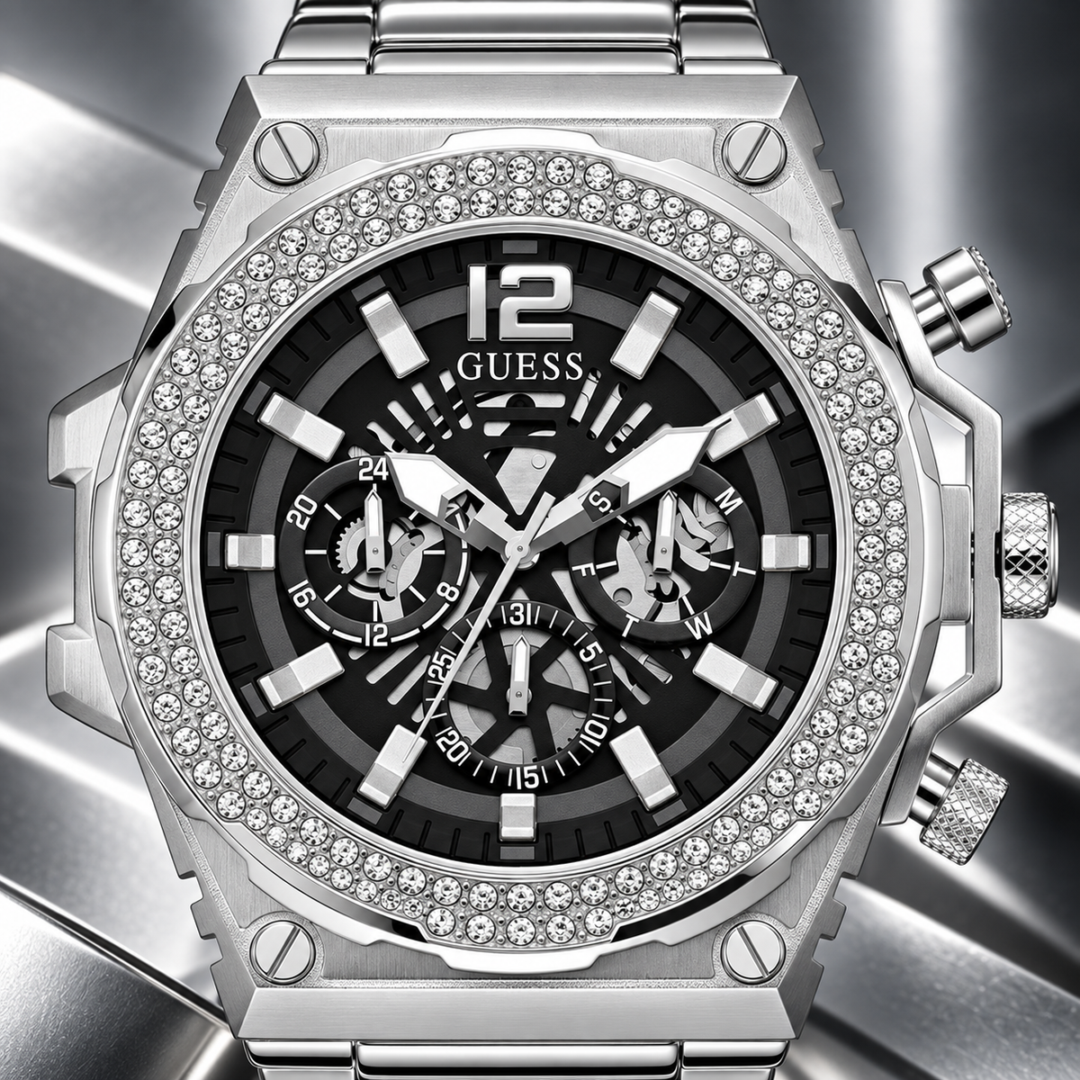 GUESS Men's Silver-Tone Crystal Multi-function Watch – Phoenix, Black skeleton-style dial with luminous hands and markers, Silver-tone stainless-steel bracelet with folding clasp, 48 mm – GW0632G1 – image 3