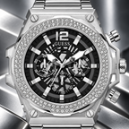 GUESS Men's Silver-Tone Crystal Multi-function Watch – Phoenix, Black skeleton-style dial with luminous hands and markers, Silver-tone stainless-steel bracelet with folding clasp, 48 mm – GW0632G1 – image 3