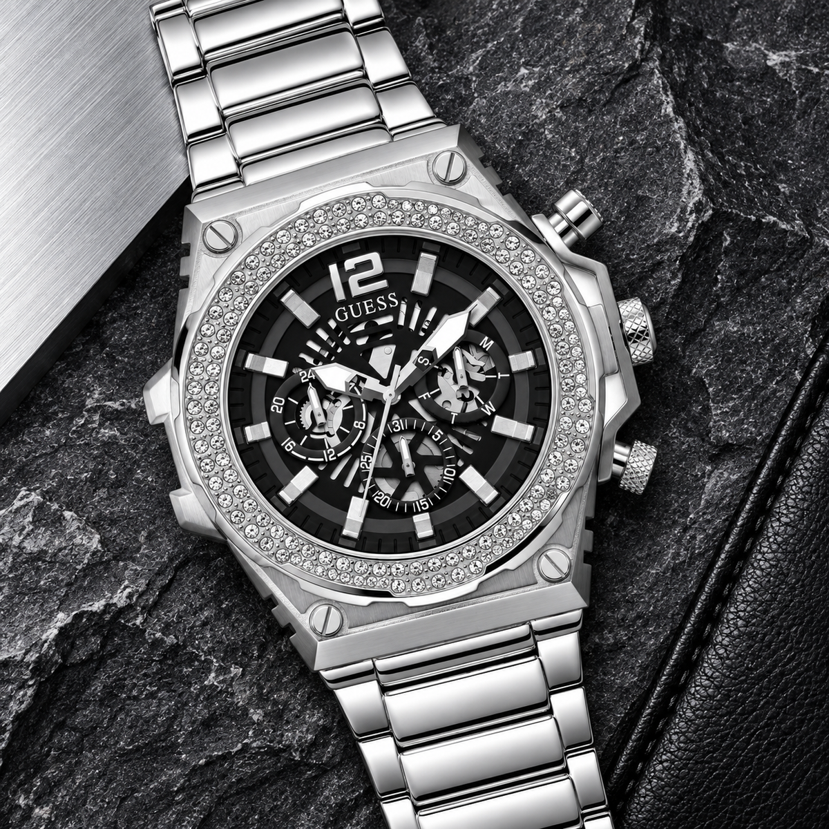 GUESS Men's Silver-Tone Crystal Multi-function Watch – Phoenix, Black skeleton-style dial with luminous hands and markers, Silver-tone stainless-steel bracelet with folding clasp, 48 mm – GW0632G1 – image 4