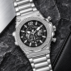 GUESS Men's Silver-Tone Crystal Multi-function Watch – Phoenix, Black skeleton-style dial with luminous hands and markers, Silver-tone stainless-steel bracelet with folding clasp, 48 mm – GW0632G1 – image 4