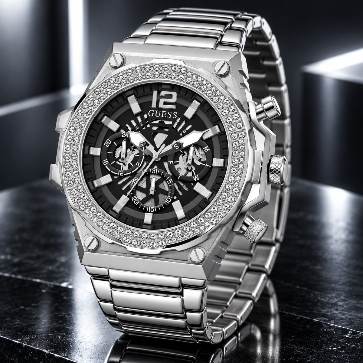 GUESS Men's Silver-Tone Crystal Multi-function Watch – Phoenix, Black skeleton-style dial with luminous hands and markers, Silver-tone stainless-steel bracelet with folding clasp, 48 mm – GW0632G1 – image 5