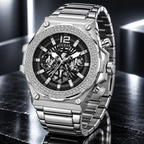 GUESS Men's Silver-Tone Crystal Multi-function Watch – Phoenix, Black skeleton-style dial with luminous hands and markers, Silver-tone stainless-steel bracelet with folding clasp, 48 mm – GW0632G1 – image 5