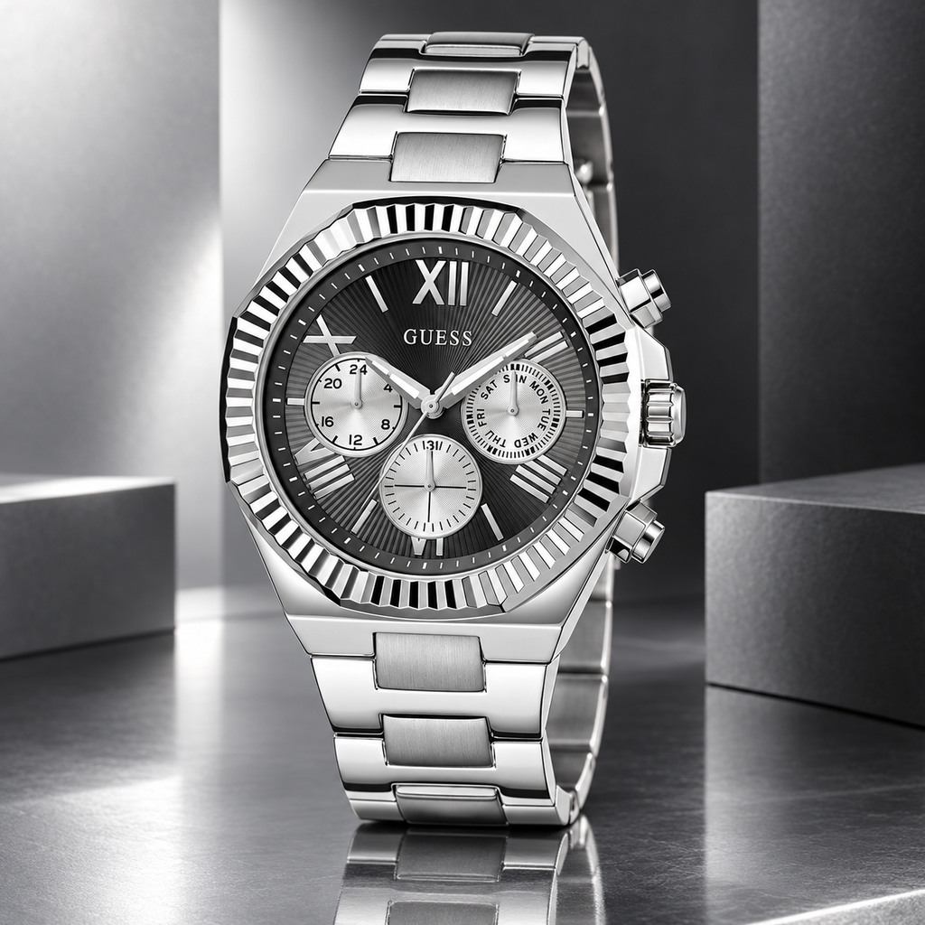 GUESS Equity Mens Silver Tone Multi-function Watch – Equity, Blue sunray chrono-look multi-function dial, Silver-tone three-link stainless-steel bracelet, 44 mm – GW0703G1 – image 2