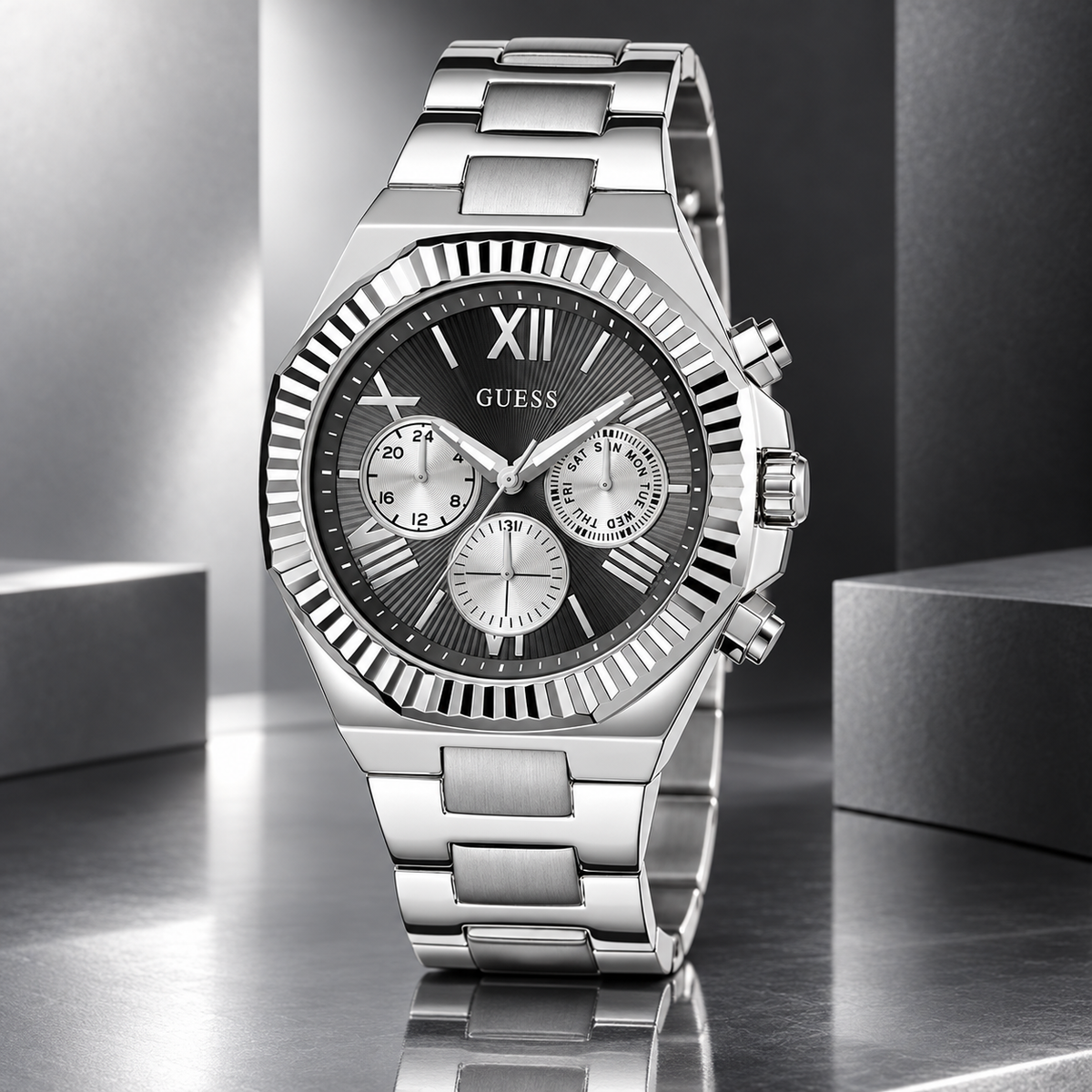 GUESS Equity Mens Silver Tone Multi-function Watch – Equity, Blue sunray chrono-look multi-function dial, Silver-tone three-link stainless-steel bracelet, 44 mm – GW0703G1 – image 2
