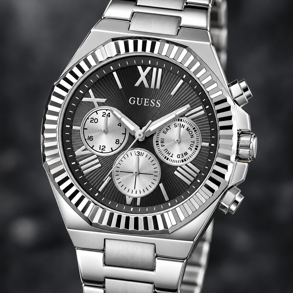GUESS Equity Mens Silver Tone Multi-function Watch – Equity, Blue sunray chrono-look multi-function dial, Silver-tone three-link stainless-steel bracelet, 44 mm – GW0703G1 – image 3