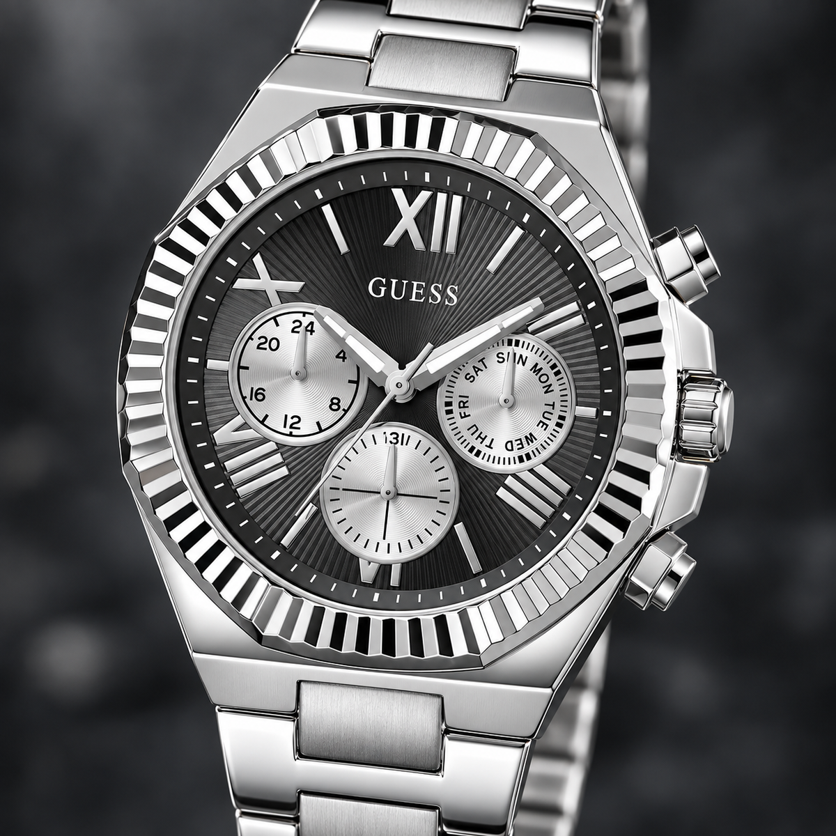 GUESS Equity Mens Silver Tone Multi-function Watch – Equity, Blue sunray chrono-look multi-function dial, Silver-tone three-link stainless-steel bracelet, 44 mm – GW0703G1 – image 3