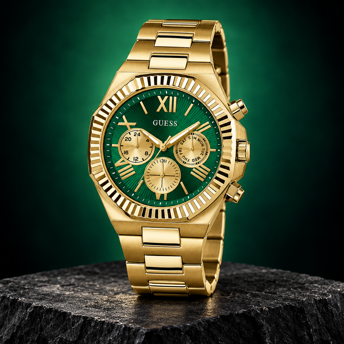 GUESS Equity Mens Gold Tone Multi-function Watch – Equity, Green sunray chrono-look multi-function dial, Gold-tone three-link recycled-steel bracelet, 44 mm – GW0703G2 – image 2