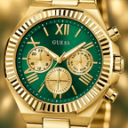 GUESS Equity Mens Gold Tone Multi-function Watch – Equity, Green sunray chrono-look multi-function dial, Gold-tone three-link recycled-steel bracelet, 44 mm – GW0703G2 – image 3