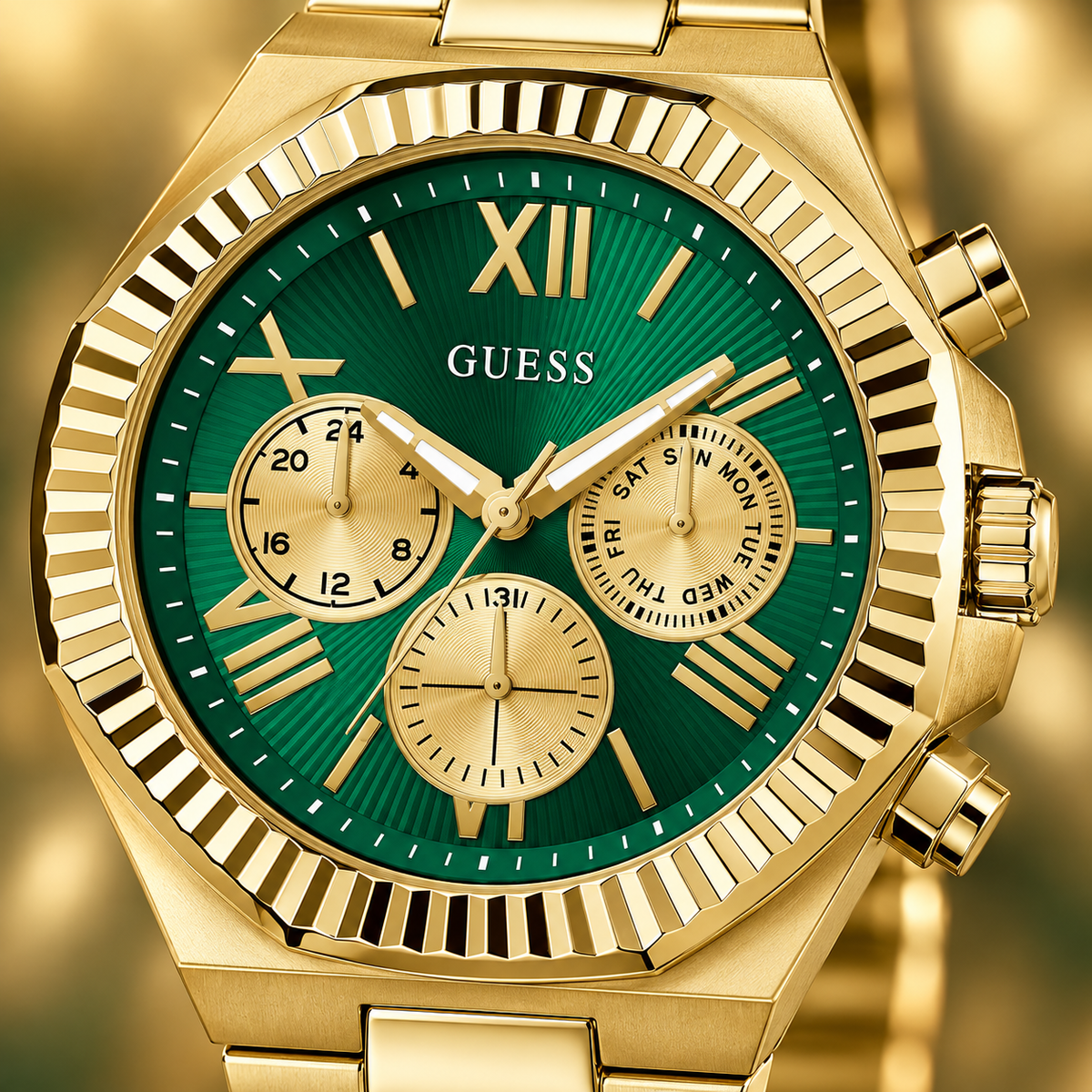 GUESS Equity Mens Gold Tone Multi-function Watch – Equity, Green sunray chrono-look multi-function dial, Gold-tone three-link recycled-steel bracelet, 44 mm – GW0703G2 – image 3