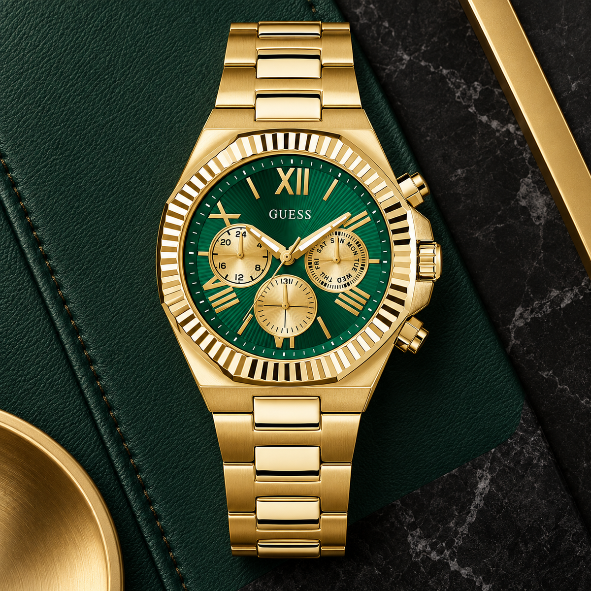 GUESS Equity Mens Gold Tone Multi-function Watch – Equity, Green sunray chrono-look multi-function dial, Gold-tone three-link recycled-steel bracelet, 44 mm – GW0703G2 – image 4