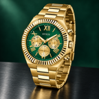 GUESS Equity Mens Gold Tone Multi-function Watch – Equity, Green sunray chrono-look multi-function dial, Gold-tone three-link recycled-steel bracelet, 44 mm – GW0703G2 – image 5