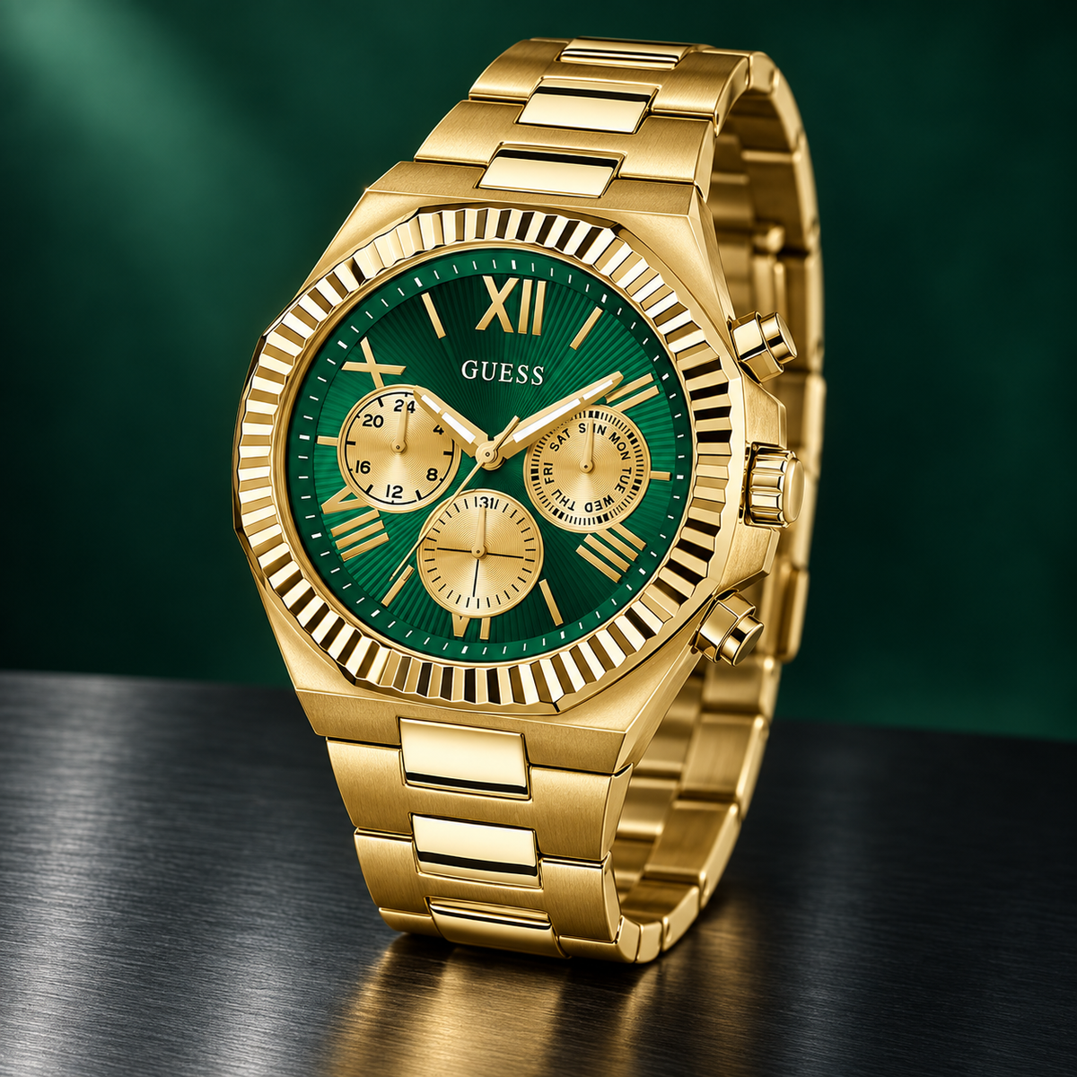 GUESS Equity Mens Gold Tone Multi-function Watch – Equity, Green sunray chrono-look multi-function dial, Gold-tone three-link recycled-steel bracelet, 44 mm – GW0703G2 – image 5
