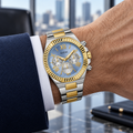 GUESS Equity Mens 2-Tone Multi-function Watch – Equity, Blue sunray chrono-look multi-function dial, Two-tone three-link recycled-steel bracelet, 44 mm – GW0703G3 – image 1