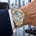 GUESS Equity Mens 2-Tone Multi-function Watch – Equity, Blue sunray chrono-look multi-function dial, Two-tone three-link recycled-steel bracelet, 44 mm – GW0703G3 – image 1