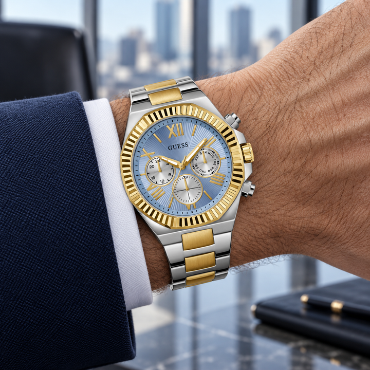 GUESS Equity Mens 2-Tone Multi-function Watch – Equity, Blue sunray chrono-look multi-function dial, Two-tone three-link recycled-steel bracelet, 44 mm – GW0703G3