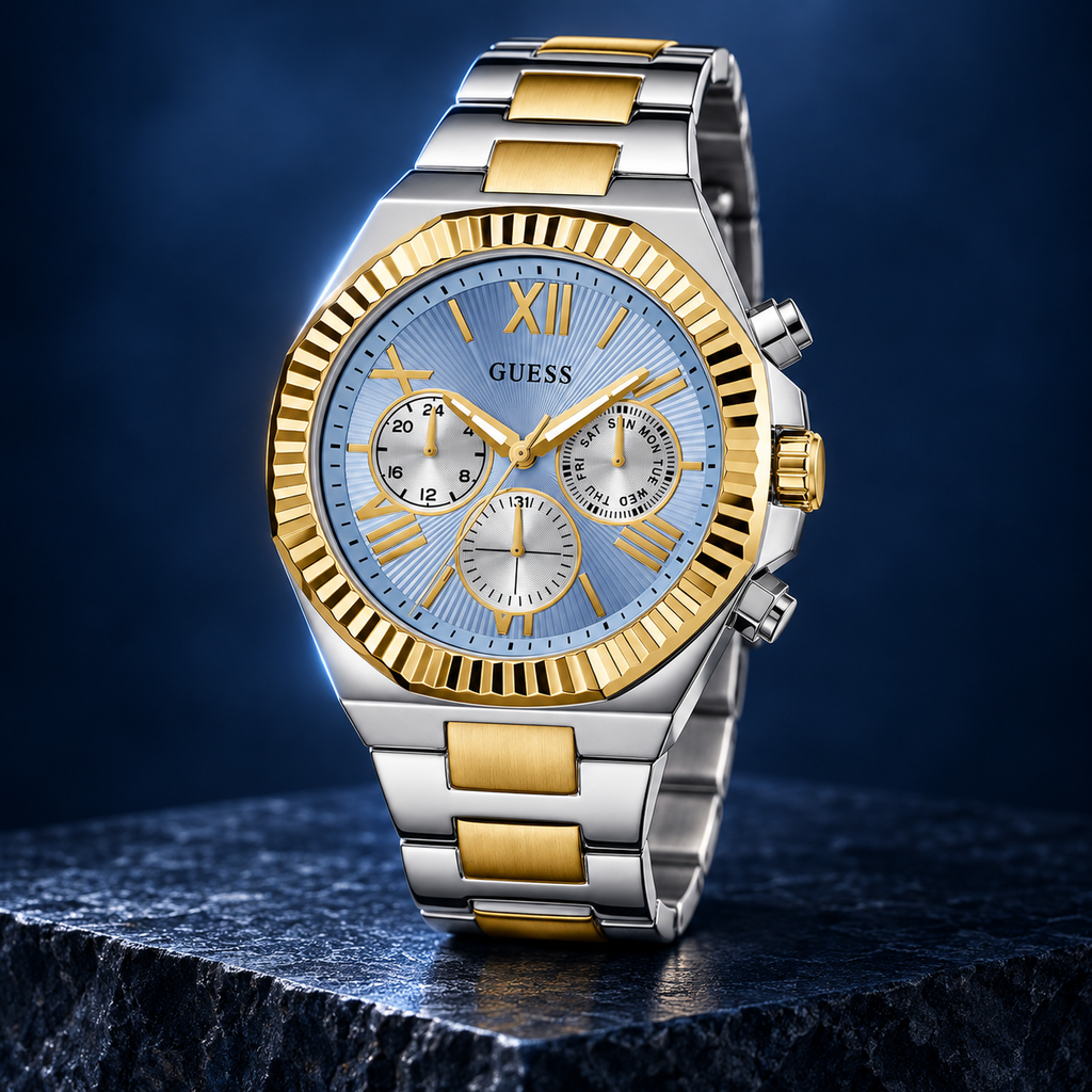 GUESS Equity Mens 2-Tone Multi-function Watch – Equity, Blue sunray chrono-look multi-function dial, Two-tone three-link recycled-steel bracelet, 44 mm – GW0703G3 – image 2