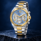 GUESS Equity Mens 2-Tone Multi-function Watch – Equity, Blue sunray chrono-look multi-function dial, Two-tone three-link recycled-steel bracelet, 44 mm – GW0703G3 – image 2