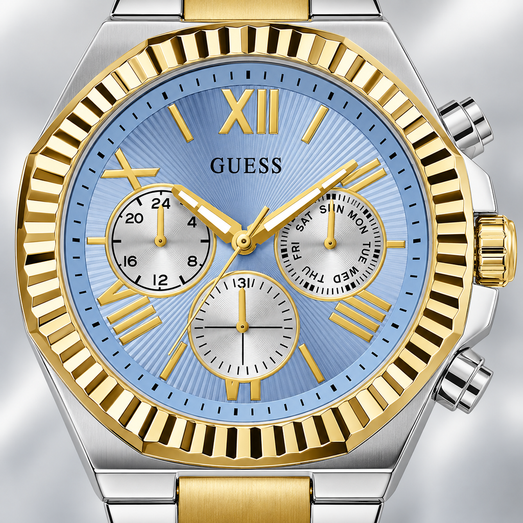GUESS Equity Mens 2-Tone Multi-function Watch – Equity, Blue sunray chrono-look multi-function dial, Two-tone three-link recycled-steel bracelet, 44 mm – GW0703G3 – image 3