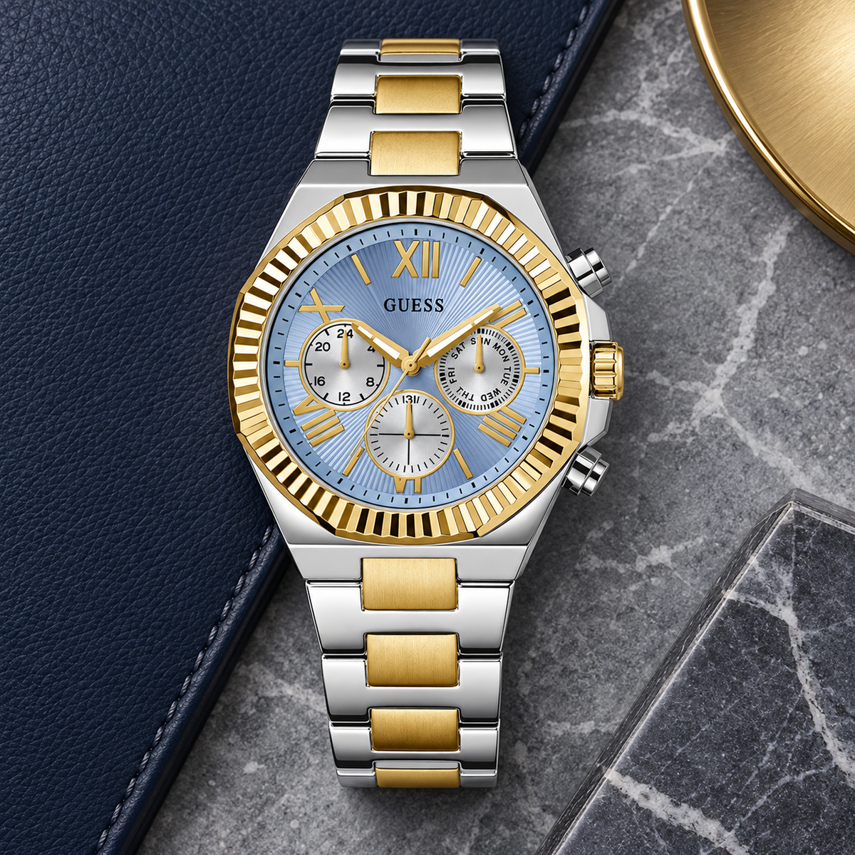 GUESS Equity Mens 2-Tone Multi-function Watch – Equity, Blue sunray chrono-look multi-function dial, Two-tone three-link recycled-steel bracelet, 44 mm – GW0703G3 – image 4