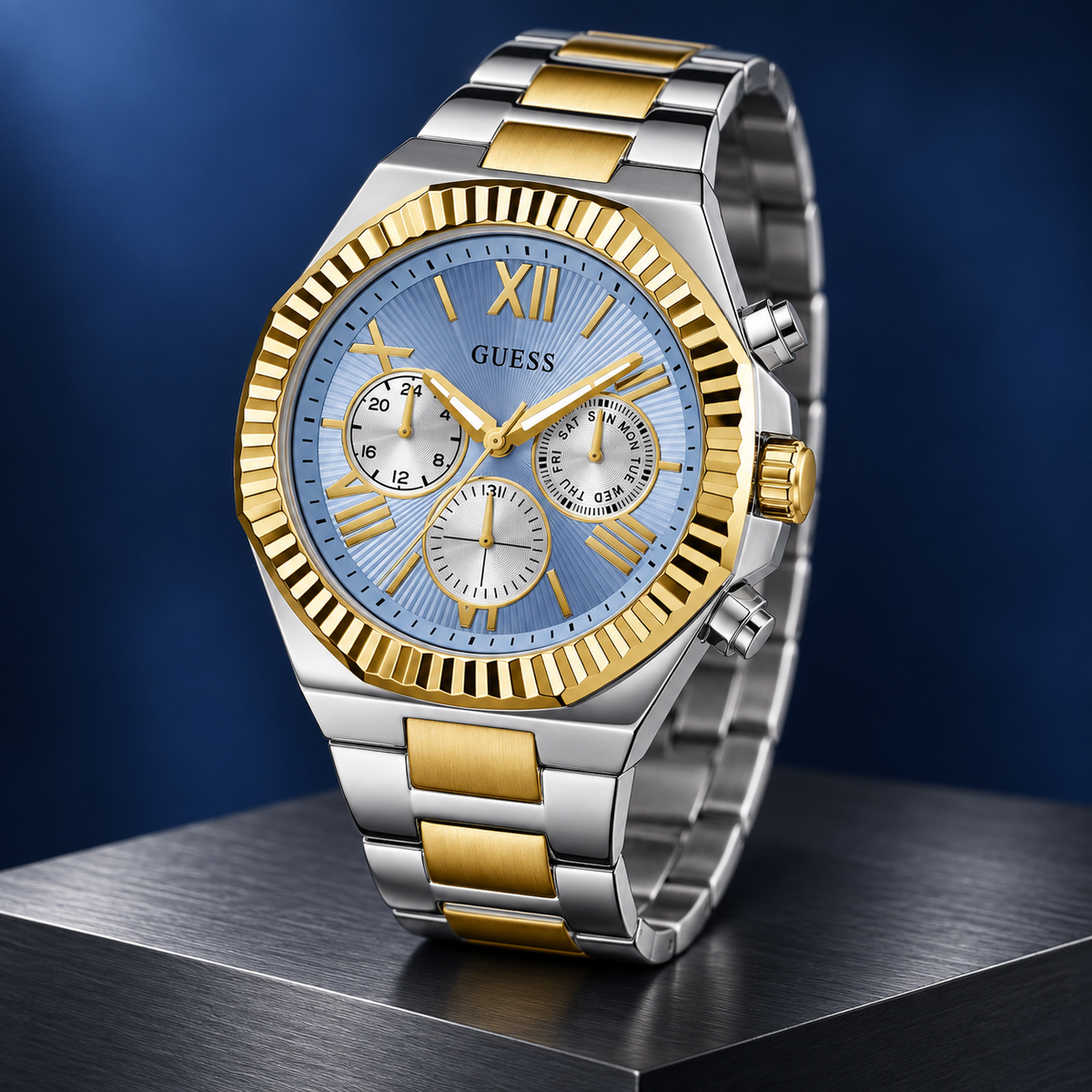 GUESS Equity Mens 2-Tone Multi-function Watch – Equity, Blue sunray chrono-look multi-function dial, Two-tone three-link recycled-steel bracelet, 44 mm – GW0703G3 – image 5