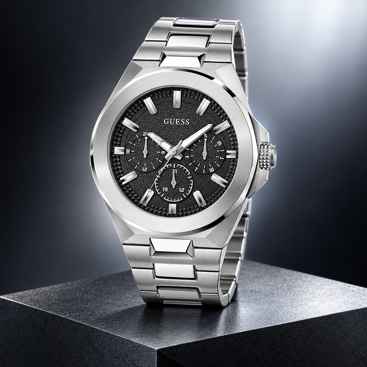 GUESS Mens Silver Tone Multi-function Watch – Dashboard, Black textured multi-function dial, Silver-tone recycled-steel bracelet, 46 mm – GW0798G1 – image 2