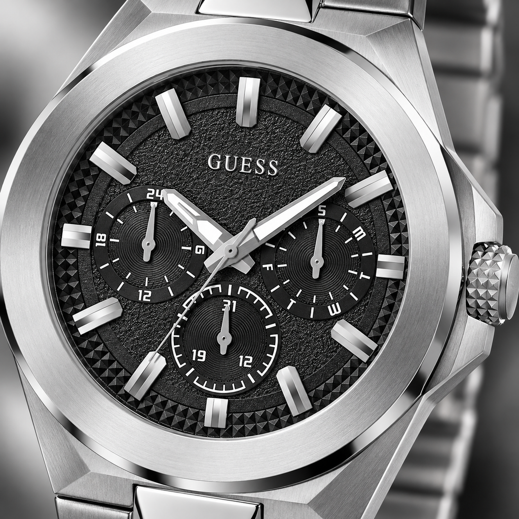 GUESS Mens Silver Tone Multi-function Watch – Dashboard, Black textured multi-function dial, Silver-tone recycled-steel bracelet, 46 mm – GW0798G1 – image 3