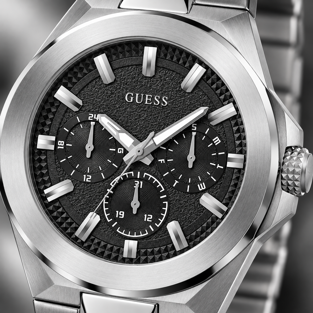 GUESS Mens Silver Tone Multi-function Watch – Dashboard, Black textured multi-function dial, Silver-tone recycled-steel bracelet, 46 mm – GW0798G1 – image 3
