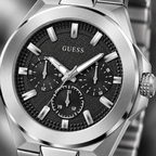 GUESS Mens Silver Tone Multi-function Watch – Dashboard, Black textured multi-function dial, Silver-tone recycled-steel bracelet, 46 mm – GW0798G1 – image 3