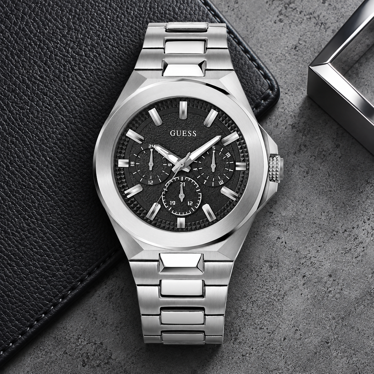 GUESS Mens Silver Tone Multi-function Watch – Dashboard, Black textured multi-function dial, Silver-tone recycled-steel bracelet, 46 mm – GW0798G1 – image 4