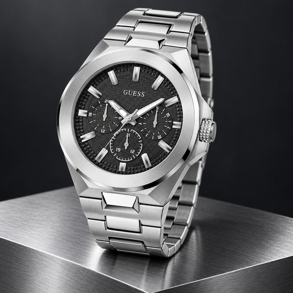 GUESS Mens Silver Tone Multi-function Watch – Dashboard, Black textured multi-function dial, Silver-tone recycled-steel bracelet, 46 mm – GW0798G1 – image 5