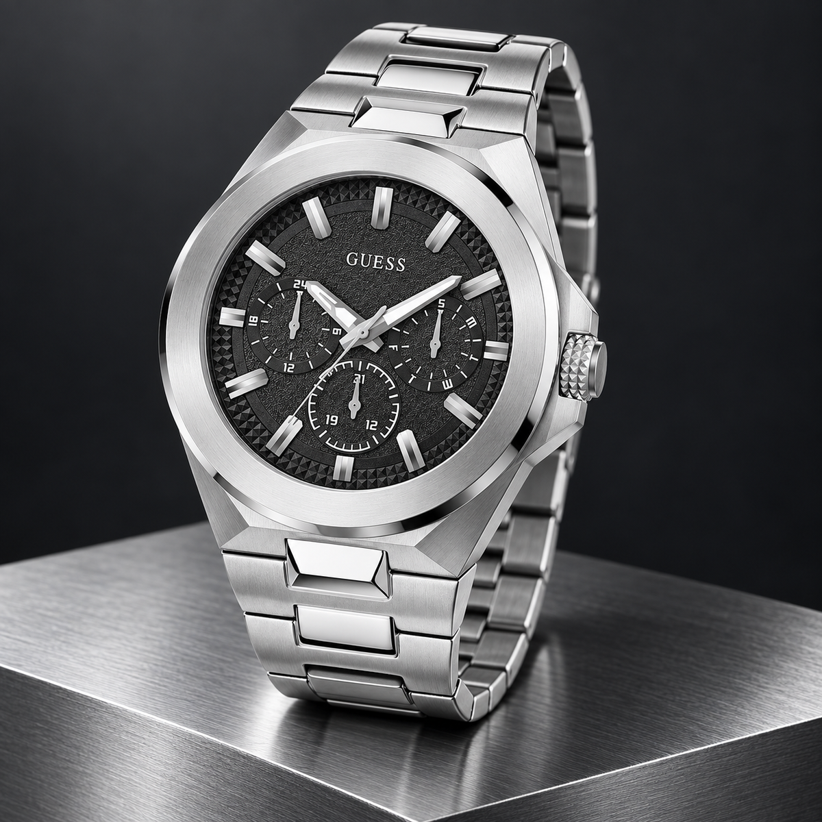 GUESS Mens Silver Tone Multi-function Watch – Dashboard, Black textured multi-function dial, Silver-tone recycled-steel bracelet, 46 mm – GW0798G1 – image 5