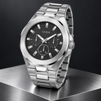 GUESS Mens Silver Tone Multi-function Watch – Dashboard, Black textured multi-function dial, Silver-tone recycled-steel bracelet, 46 mm – GW0798G1 – image 5