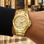 GUESS Men's Dashboard Gold-Tone Multi-function Watch – Dashboard, Champagne textured multi-function dial, Gold-tone recycled-steel bracelet with pilot clasp, 46 mm – GW0798G2 – image 1