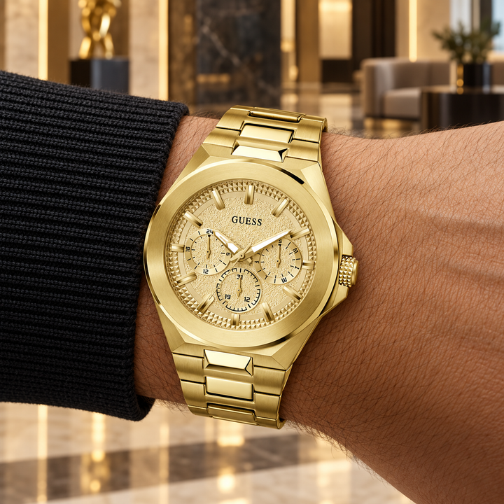 GUESS Men's Dashboard Gold-Tone Multi-function Watch – Dashboard, Champagne textured multi-function dial, Gold-tone recycled-steel bracelet with pilot clasp, 46 mm – GW0798G2