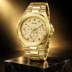 GUESS Men's Dashboard Gold-Tone Multi-function Watch – Dashboard, Champagne textured multi-function dial, Gold-tone recycled-steel bracelet with pilot clasp, 46 mm – GW0798G2 – image 2