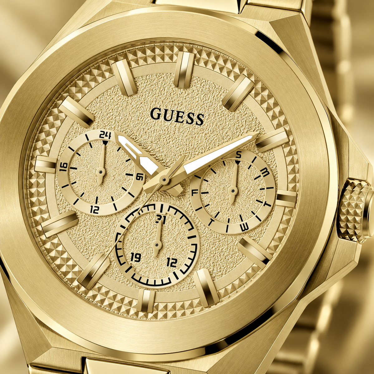 GUESS Men's Dashboard Gold-Tone Multi-function Watch – Dashboard, Champagne textured multi-function dial, Gold-tone recycled-steel bracelet with pilot clasp, 46 mm – GW0798G2 – image 3