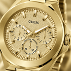 GUESS Men's Dashboard Gold-Tone Multi-function Watch – Dashboard, Champagne textured multi-function dial, Gold-tone recycled-steel bracelet with pilot clasp, 46 mm – GW0798G2 – image 3